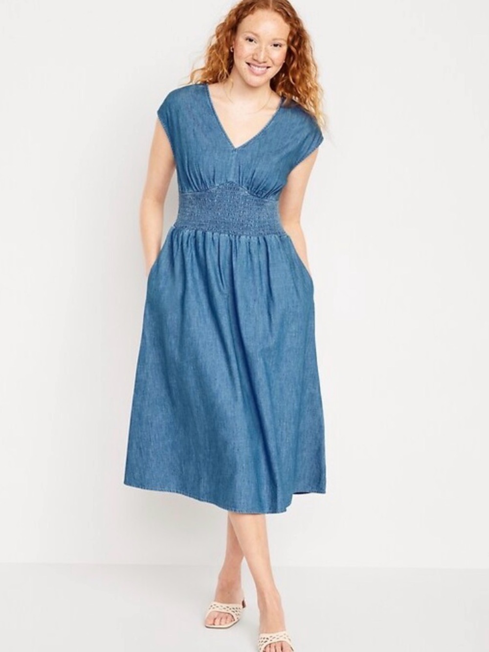 Old Navy Waist-Defined Chambray Midi Dress, Large